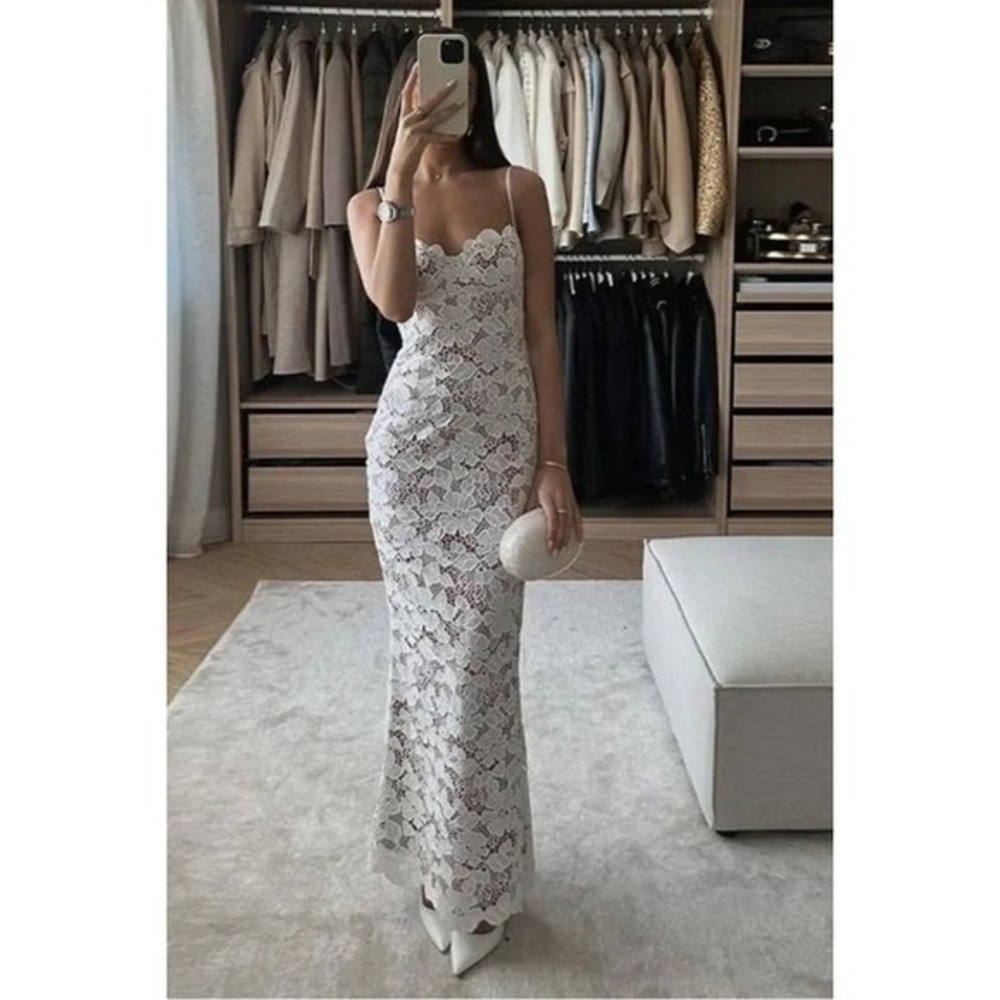 Commense Lace White Maxi Dress Evening Cocktail Party Bridal Wedding Guest Gown - Picture 3 of 8